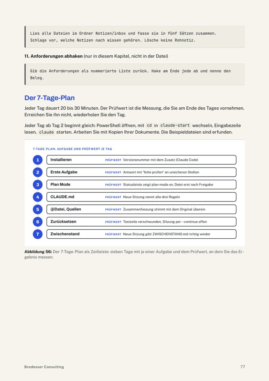 Seite 77: 7-Tage-Plan mit Aufgabe, Prompt und Prüfwert